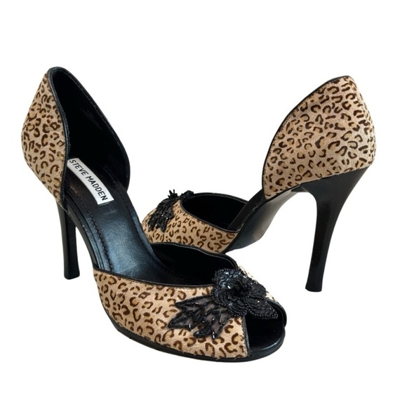Steve Madden Tweed Animal Print Mohair High Heel Peep Toe‎ with Sequin Flowers - Picture 1 of 12
